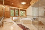 A grand master bath with jacuzzi tub and separate steam shower 